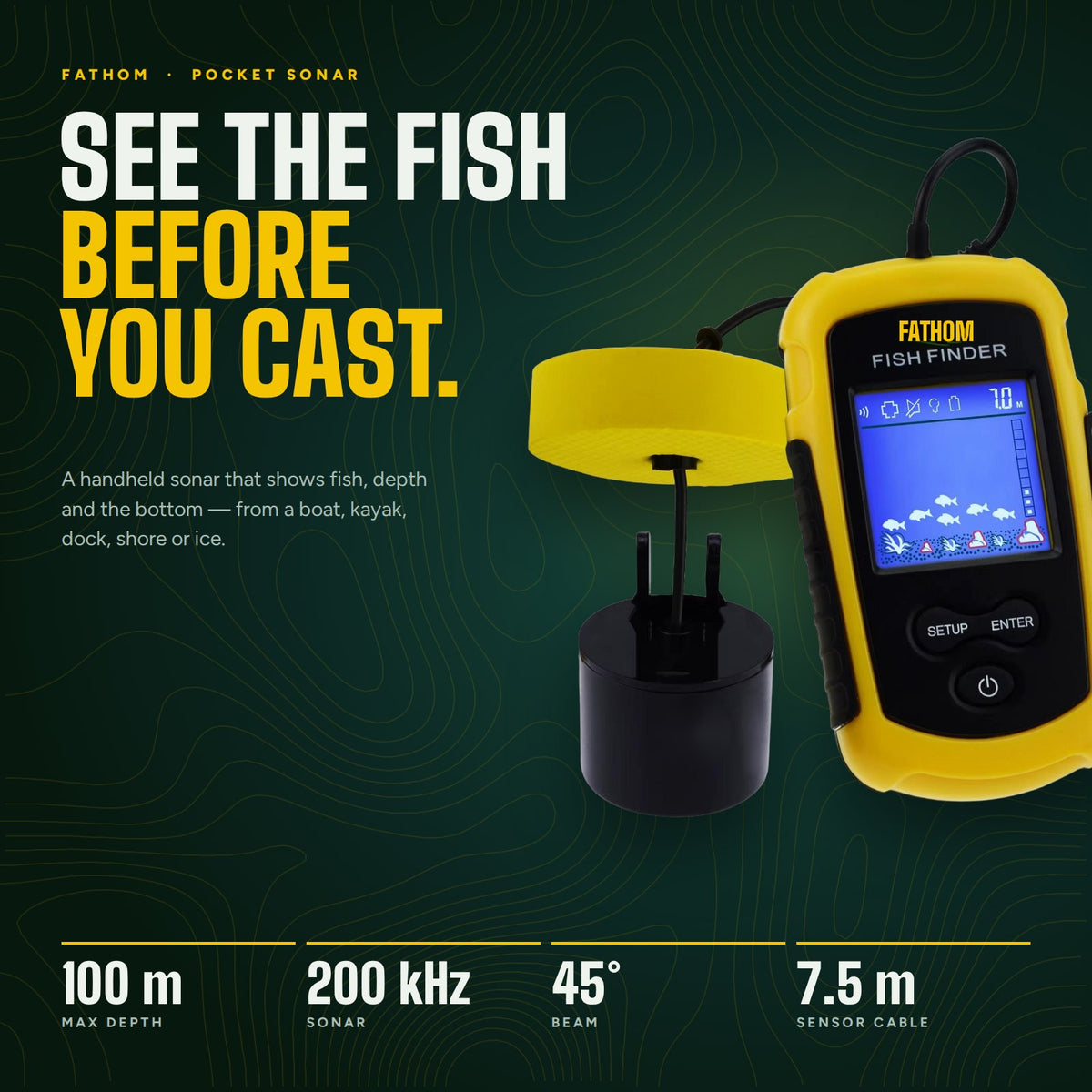 FATHOM pocket sonar fish finder with floating sensor