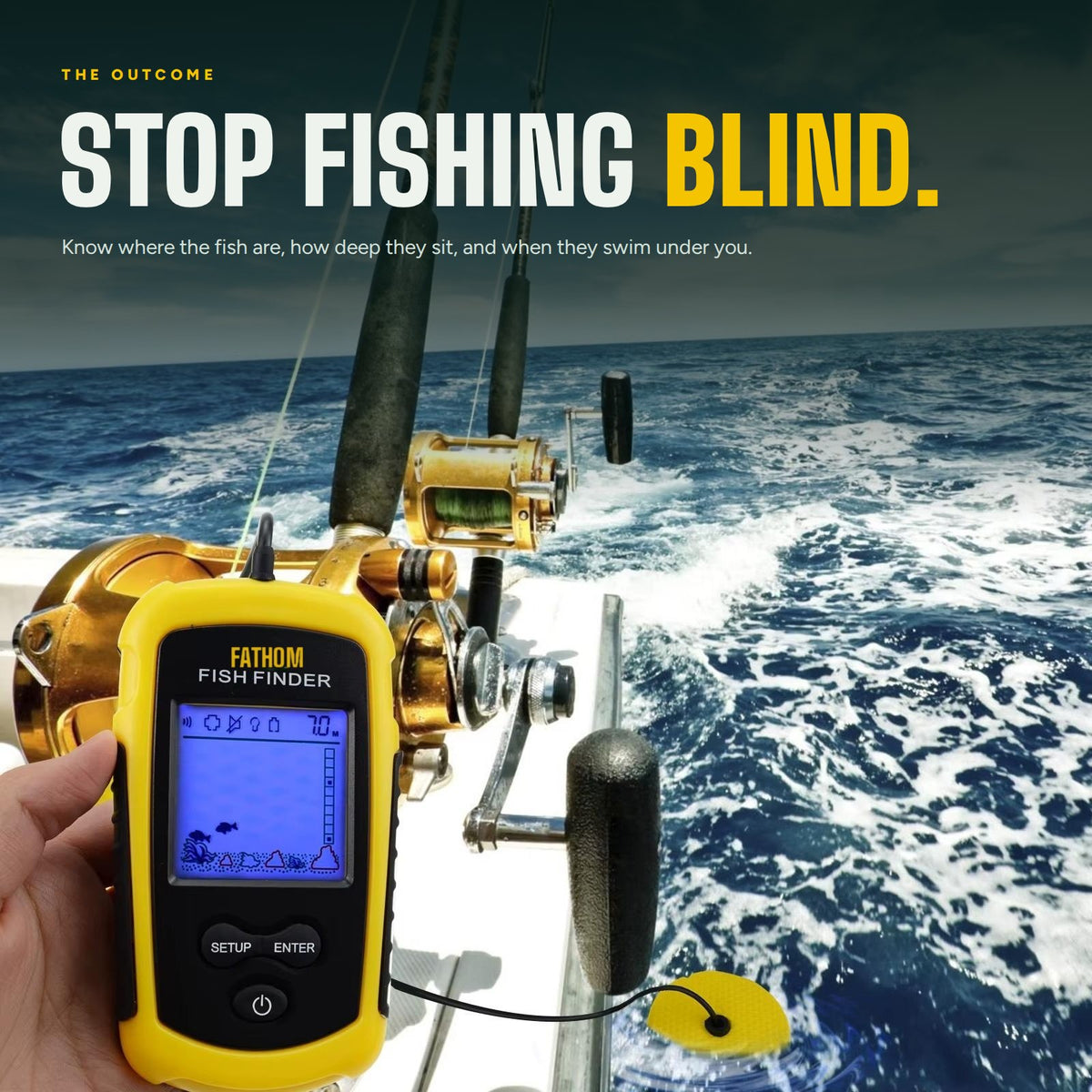 FATHOM fish finder in hand on a fishing boat