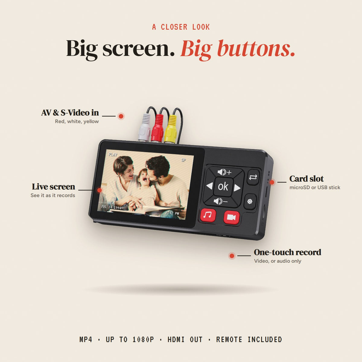 REWIND close-up: screen, buttons, inputs and card slot