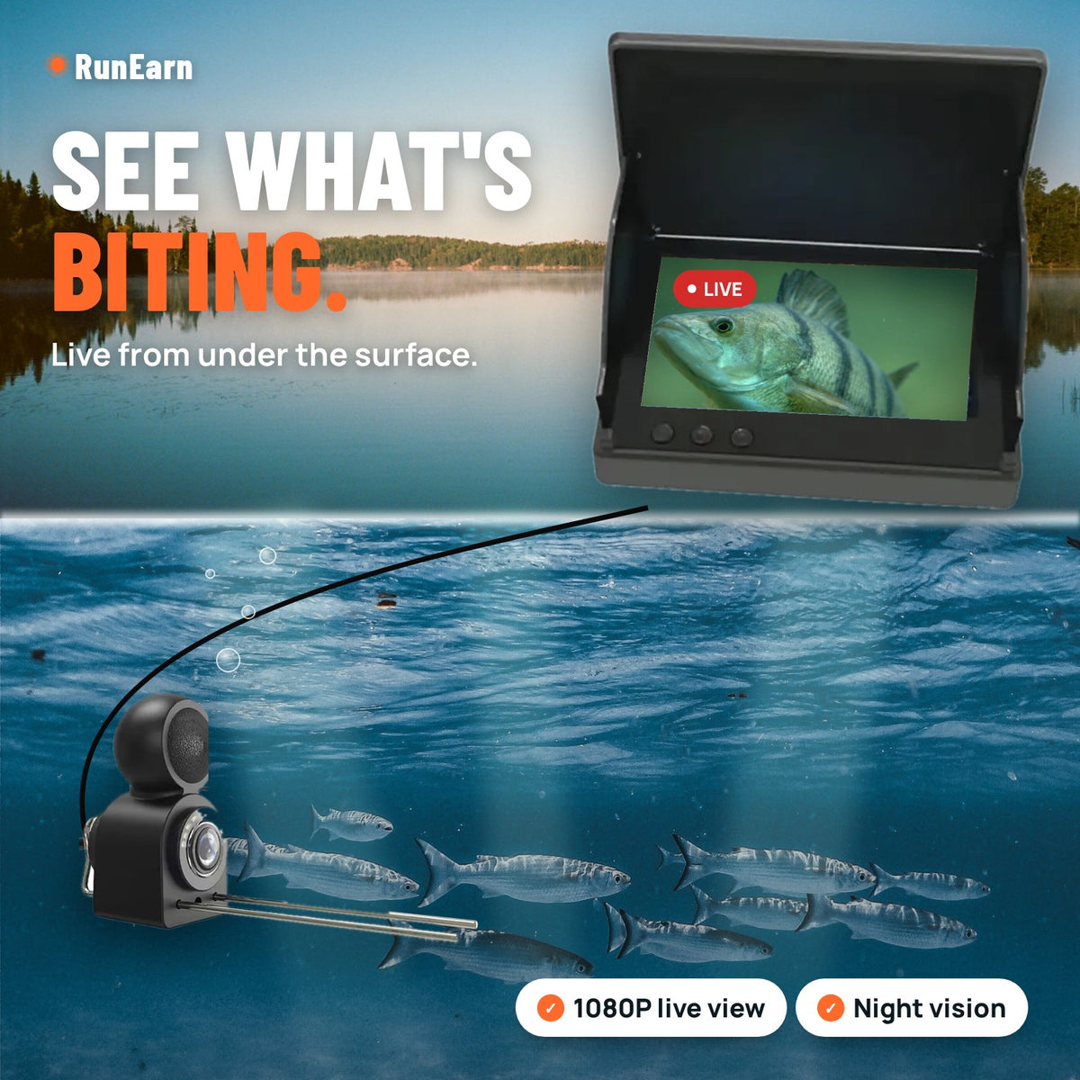 RunEarn underwater fishing camera showing fish live on screen